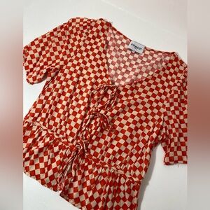 FRNCH Gaelle Viscose Tie Top Blouse | Red and Cream Checkered | XS